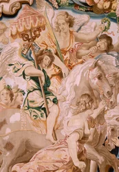 tapeçaria flamenga. Série O Triunfo da Eucaristia. O Triunfo da Igreja (El Triunfo de la Iglesia). Oitava tapeçaria da série. Modelo Peter Paul Rubens. 1626-1628. Manufatura Jan II Raes, Bruxelas