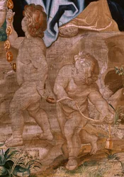 Tapeçaria flamenga. Série O Triunfo da Eucaristia. A sucessão dos papas (La sucesión de los papas). A décima oitava tapeçaria da série. O modelo Peter Paul Rubens. 1626-1628. Fabricação Jan II Raes, Hans Vervoert, Bruxelas