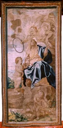 Tapeçaria flamenga. Série O Triunfo da Eucaristia. A sucessão dos papas (La sucesión de los papas). A décima oitava tapeçaria da série. O modelo Peter Paul Rubens. 1626-1628. Fabricação Jan II Raes, Hans Vervoert, Bruxelas