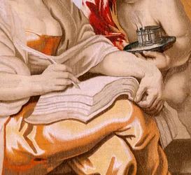 Tapeçaria flamenga. Série O Triunfo da Eucaristia. A Sabedoria é inspirada pelo Espírito Santo (La Sabiduría inspirada por el Espíritu Santo). A décima nona tapeçaria da série. Modelo Peter Paul Rubens. 1626-1628. Fabricação de Jacob II Geubels, Bruxelas