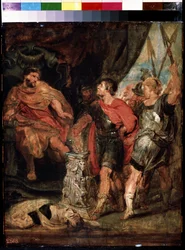 Mucius Scaevola devant Porsenna (Mucius Scaevola antes de Porsenna). Caius Mucius Scaevola, jeune patricien romain capture par la garde royale de Porsinna (Porsinna, Porsena)