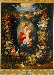 Maria Virgem e Menino com coroa de flores e frutos ...