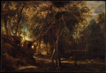 Uma floresta ao amanhecer com uma caçada de cervos, c.1635