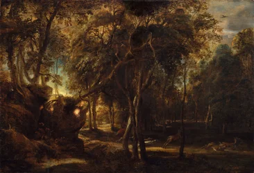 Uma floresta ao amanhecer com uma caça aos cervos, ca. 1635