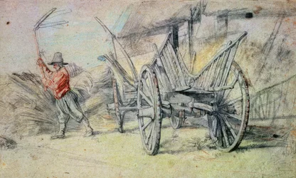 Um homem que debulha com um carrinho de fazenda em primeiro plano