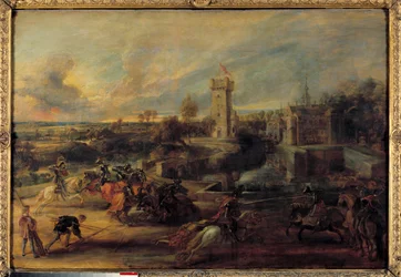 Um torneio perto dos fossos do Castelo de Steen (Idade Média). Pintura flamenga de Pierre Paul (Pierre-Paul) Rubens (ou Peter Paul ou Petrus Paulus) (1577-1640)