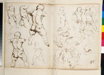 Vista posterior do mármore romano do Rapaz com um Ganso no seu "livro de desenhos" perdido, conservado no registo de Chatsworth, fol 64v-65r (caneta e tinta sobre papel)