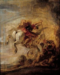 Belerofonte, montado em Pégaso, mata a Quimera com a sua lança, pintura de Pierre Paul (Pierre-Paul) Rubens (ou Peter Paul ou Petrus Paulus) (1577-1640)