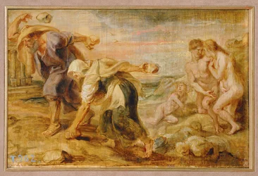 Deucalião e Pirra, criadores da humanidade após o primeiro dilúvio (pintura sobre madeira)