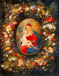 A Virgem, o menino Jesus e os anjos no meio de uma guirlanda de flores