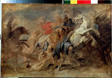 A caça ao leão. Pintura de Peter Paul (Peter-Paul) Rubens (ou Peter Paul ou Petrus Paulus) (1577-1640). Óleo sobre madeira, tamanho: 43 x 64 cm, cerca de 1621. Arte flamenga, estilo barroco. Museu Hermitage, São Petersburgo.