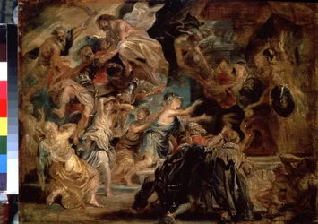 A morte de Henrique IV (1553-1610) e a proclamação da Regência (A morte de Henrique IV e a Proclamação da Regência). Pintura de Peter Paul (Pierre-Paul) Rubens (ou Peter Paul ou Petrus Paulus) (1577-1640). Óleo sobre madeira, 48 x 65 cm