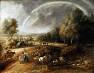 Landscape with the Rainbow Painting by Peter Paul (Pierre-Paul) Rubens (ou Peter Paul ou Petrus Paulus) (1577-1640) cerca de 1638 Dim. 94x123 cm Alte Pinakothek, Bayerische Staatsgemaeldesammlungen, Munique, Alemanha
