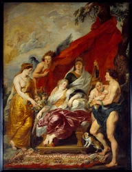 Luís XIII nasceu em Fontainebleau, a 27 de Setembro de 1601. Sua mãe Marie de Medicis (Maria de Medici) senta-se no trono e olha para o novo ne. Pintura de Pierre Paul (Pierre-Paul) Rubens (ou Peter Paul ou Petrus Paulus) (1577-1640)