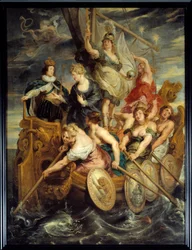 Maioria de Luís XIII (1601-1643) em 20/10/1614 Alegoria da subida ao poder do rei representando um navio guiado pela Força, Religião e Justiça avançando através de remadores num mar agitado. A rainha Maria de Médicis, mãe de Luís XIII, está a bordo. Dor