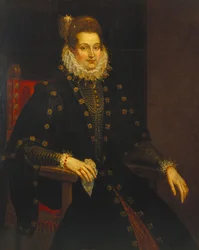 Retrato de uma dama sentada de três quartos, com vestido preto e rufo