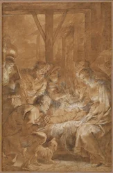 A Adoração dos Pastores, c.1613-4 (caneta e tinta marrom com lavagem marrom e guache branco)