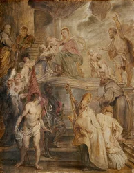 O casamento místico de Santa Catarina (esboço a cores para o altar da igreja dos padres agostinhos em Antuérpia), verso: duas batalhas de cavalaria