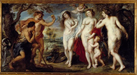 O julgamento de Páris. O pastor Páris deve escolher a qual das três deusas, Atena, Afrodite ou Hera, dará a maçã de ouro como à mais bela. Pintura de Pierre Paul (Pierre-Paul) Rubens (ou Peter Paul ou Petrus Paulus) (1577-1640)