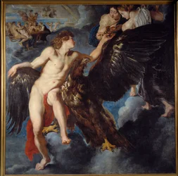 O rapto de Ganimedes: Enquanto apascenta o seu rebanho no monte Ida, perto de Troia, Zeus transforma-se numa águia, leva-o para fazer dele o seu amante e copeiro dos deuses. Pintura da oficina de Pierre Paul (Pierre-Paul) Rubens (ou Peter Paul ou Petrus