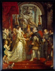 O casamento por procuração de Maria De Medici (Marie de Medicis) (1573-1642) e Henrique IV em Florença em 5/10/1600. Pintura de Pierre Paul (Pierre-Paul) Rubens (ou Peter Paul ou Petrus Paulus) (1577-1640). Sol do século XVII. 3,94x2,95 m