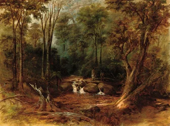 Maoris atravessando um córrego na floresta, 1887