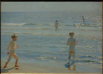 Rapazes a tomar banho. Luz do sol. Skagen