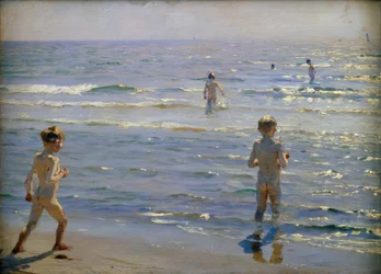 Rapazes a tomar banho. Luz do sol. Skagen