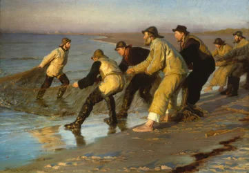 Pescadores puxam redes na praia de Skagen