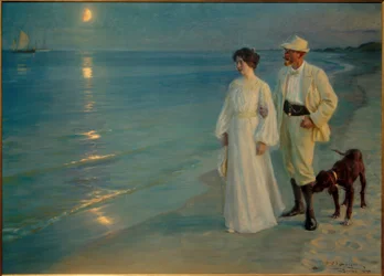 Noite de verão na praia de Skagen. O artista e sua esposa