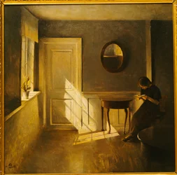 Uma garota lendo em um interior (óleo sobre tela)