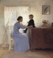 Mãe e filho em um interior