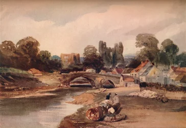 Uma vila em um rio, com ponte e ruínas, c1824