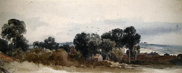 Uma Paisagem arborizada com Cottages (lápis e aguarela sobre papel)