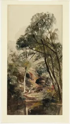 Uma paisagem de rio arborizada