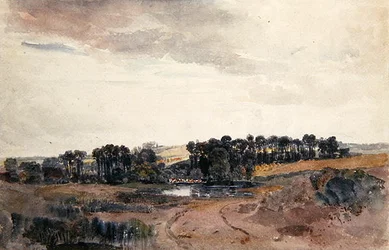 Paisagem com Árvores e Gado à beira de uma Piscina (aguarela sobre papel)