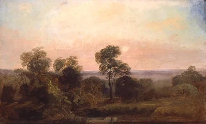Paisagem arborizada ao anoitecer (óleo sobre prancha de moinho)
