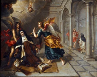 Santa Teresa de Ávila (do menino Jesus) (1515-1582) encontra o anjo que fura o coração de sua pintura dourada mais escura de Peter Van Lindt (século XVII) Dim. 85x70 cm Genes, Galleria di Palazzo Bianco