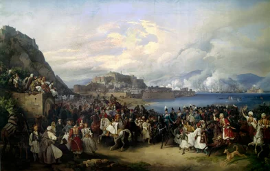 Príncipe Otton (1815-1867) filho de Luís I de Baviere debarque em Nafplio em 6/02/1833 e torna-se Rei da Grécia Pintura de Peter von Hess (1792-1871) (ec.all.) 1835 Sol. 2,73 X 4,16 m Munique. Neue Pinakothek.