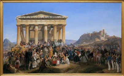 A entrada do Rei Othon I da Grécia (1815-1876) em Atenas, recebida pela multidão em frente ao templo de Hefaisto (Hefaisto) (Hefaisto) ou Theseion on Agora (Grécia