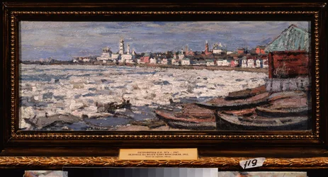 Deriva do gelo no Volga, perto de Yaroslavl (Rússia). Trabalho de Pyotr Ivanovich Petrovichev (Piotr Petrovitchev) (1874-1947), óleo sobre cartão