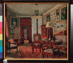 A sala de leitura na E. Boratynsky (Yevgeny Baratynski) (1800-1844). Pintura de Pyotr Ivanovich Petrovichev (Pyotr Petrovitchev) (1874-1947), óleo sobre tela