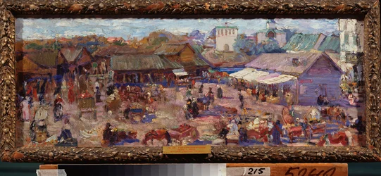 Le marche a Pskov (Rússia). Oeuvre de Pyotr Ivanovich Petrovichev (Piotr Petrovitchev) (1874-1947), huile sur carton