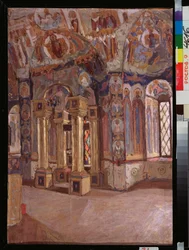 O interior da igreja de São João Evangelista em Rostov (Rússia). Trabalho de Pyotr Ivanovich Petrovichev (Piotr Petrovitchev) (1874-1947), petróleo a bordo