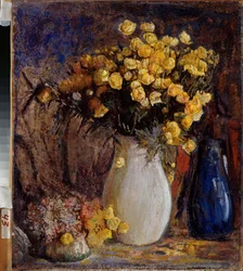 lírios de água num jarro branco - Pintura de Pyotr Ivanovich Petrovichev (Pyotr Petrovitchev) (1874-1947), óleo sobre tela - arte russa do final do século XIX ao século XX, modernismo - Museu de Arte Estatal V Surikov, Krasnoyarsk (Rússia)