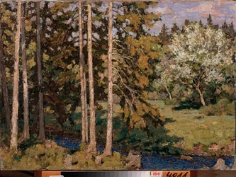 Macieiras em Maio. Pintura de Pyotr Ivanovich Petrovichev (Pyotr Petrovitchev) (1874-1947), óleo sobre tela. Arte russa, paisagem do século XX, modernismo. Galeria Regional de Arte, Chelyabinsk (Rússia).