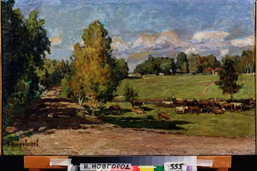 A descansar no prado. (Manada de gado perto de um riacho, atravessando um campo de pasto). Trabalho de Pyotr Ivanovich Petrovichev (Pyotr Petrovitchev) (1874-1947), petróleo a bordo