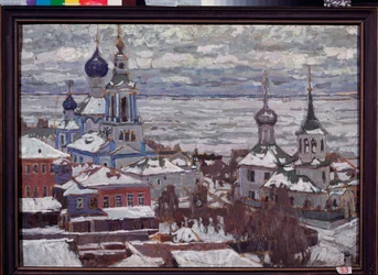 Rostov (Russie) en hiver. Oeuvre de Pyotr Ivanovich Petrovichev (Piotr Petrovitchev) (1874-1947), gouache et tempera sur carton