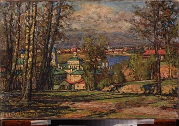 Vista de Moscovo de Vorobievy Gori (Montanhas Sparrow) (na margem direita do rio Moscovo). Pintura de Pyotr Ivanovich Petrovichev (Pyotr Petrovitchev) (1874-1947), óleo sobre tela