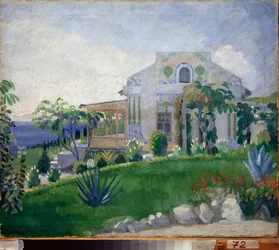 Vue de la propriete Zhukovsky (Joukovsky) a Kuchuk Koy (Ucrânia) (Vista da propriedade Zhukovsky em Kuchuk-Koy) - Oeuvre de Pyotr (Piotr, Petr) Savvich Utkin (Outkine) (1877-1934), tempera sur toile